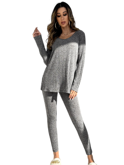 Knit Split Hem Top And Leggings Lounge Set-Cozy Knit Sets