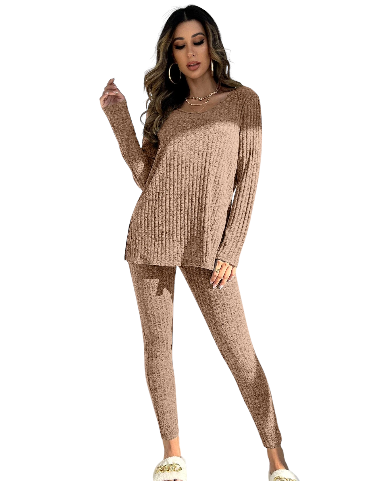 Knit Split Hem Top And Leggings Lounge Set-Cozy Knit Sets