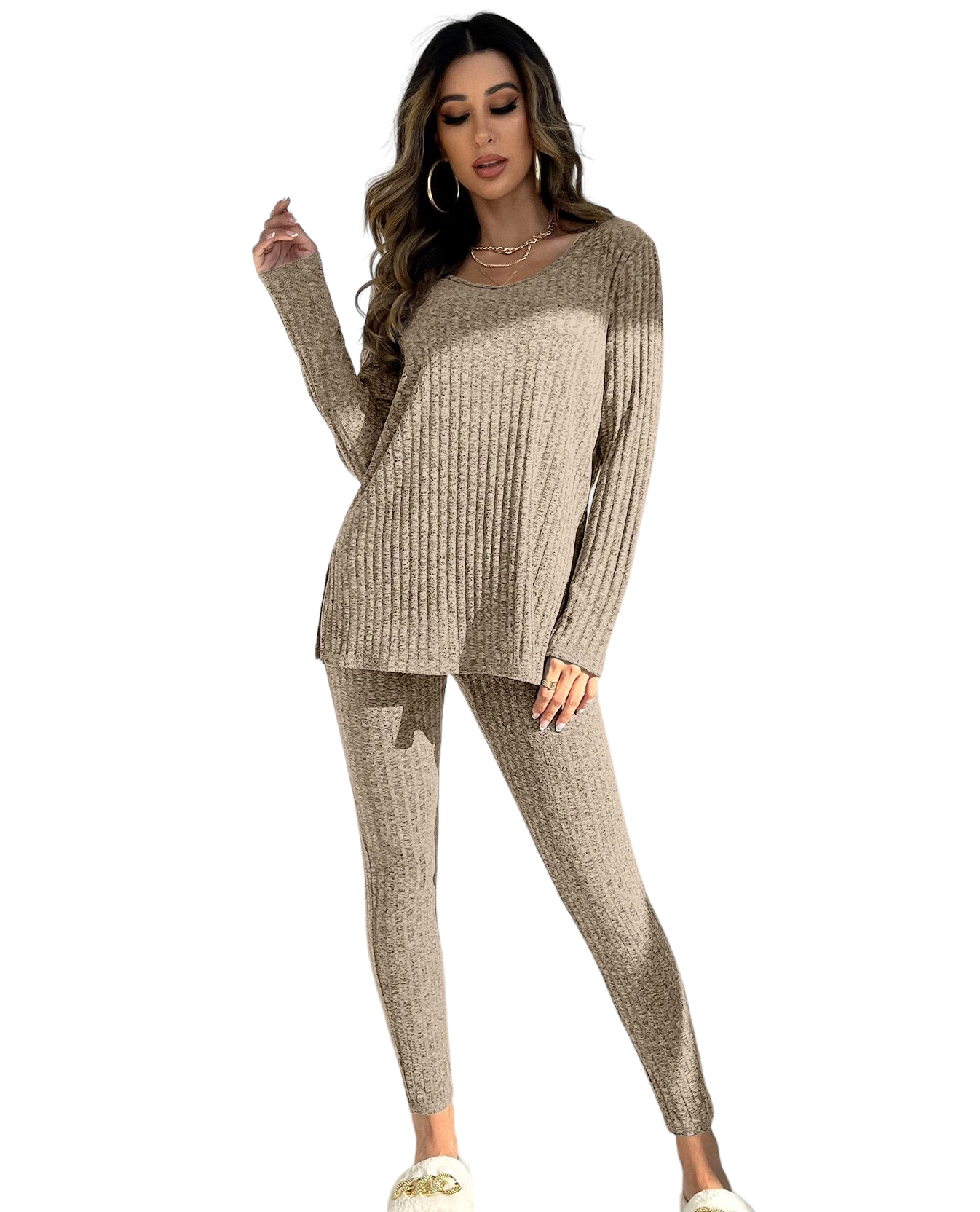 Knit Split Hem Top And Leggings Lounge Set-Cozy Knit Sets