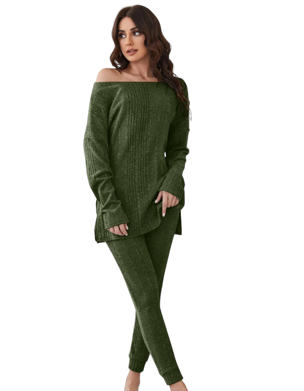 Shoulder Split Hem Tee And Pants Lounge Set-Cozy Knit Sets