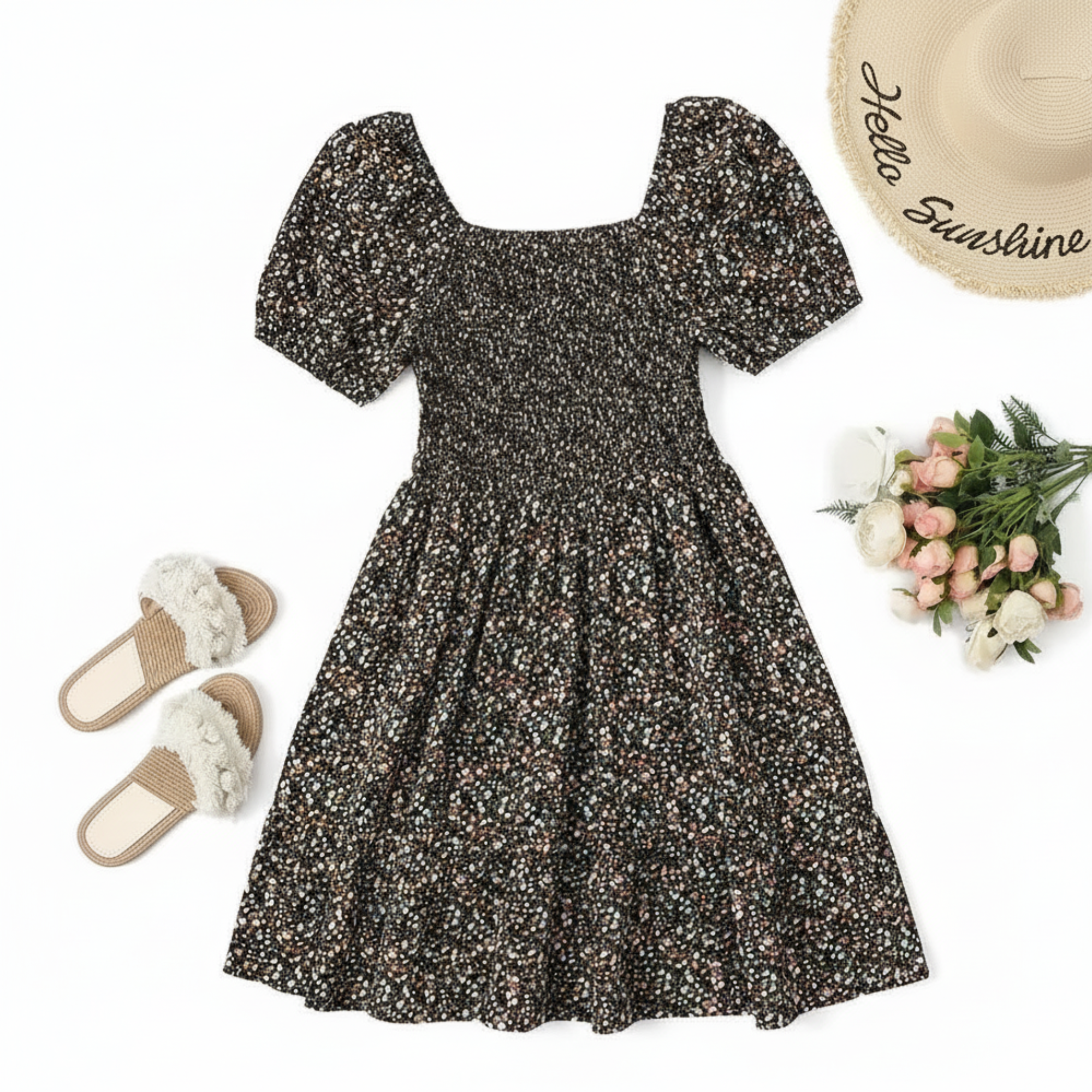 Ditsy Floral Shirred A Line Ruffle Hem Dress For Plus Size Women