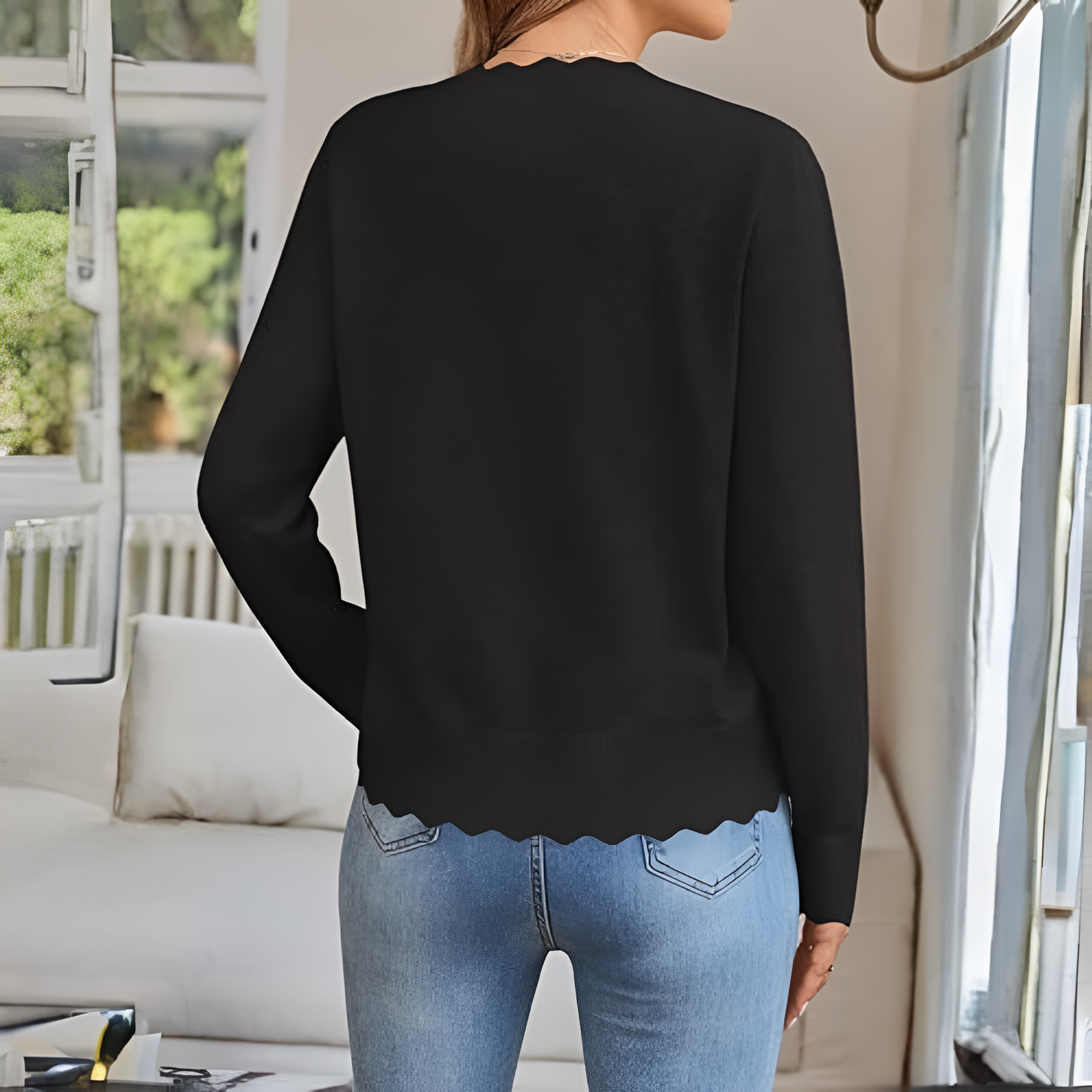 Lightweight Button Down Knit Cardigan With Scallop TrimLightweight Button Down Knit Cardigan With Scallop Trim - Image 15