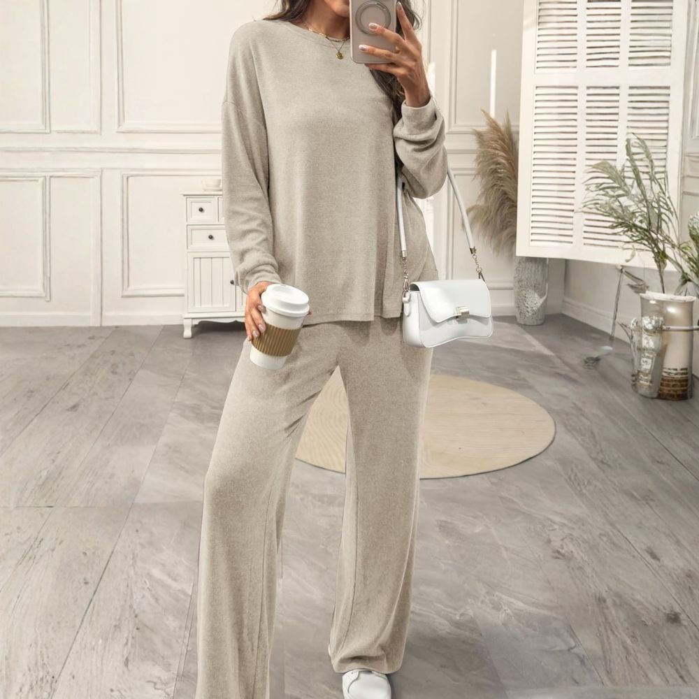 Womens Lounge Set 2025 Fall 2 Piece Outfits Long Sleeve Tops Wide Leg Long Pants