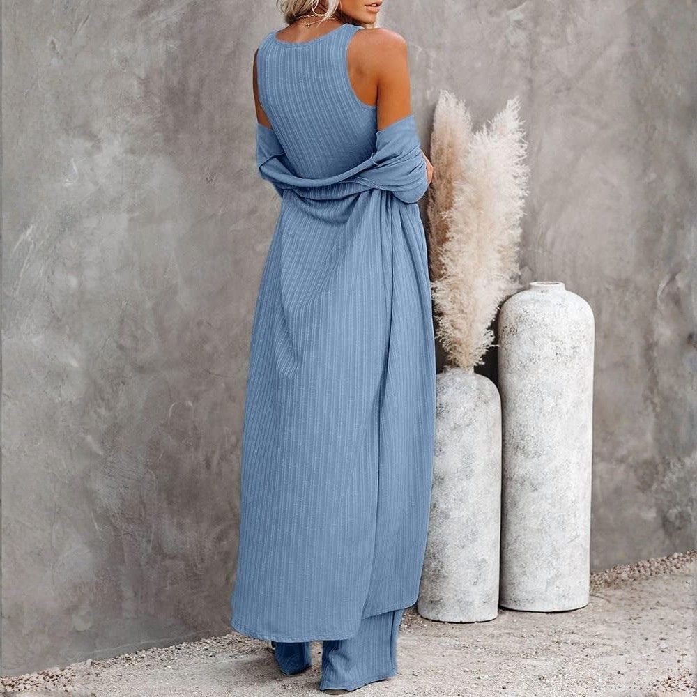 Women's 3 Piece Lounge Sets Pajamas Knit Long Sleeve Cardigan Crop Top Wide Leg Pants