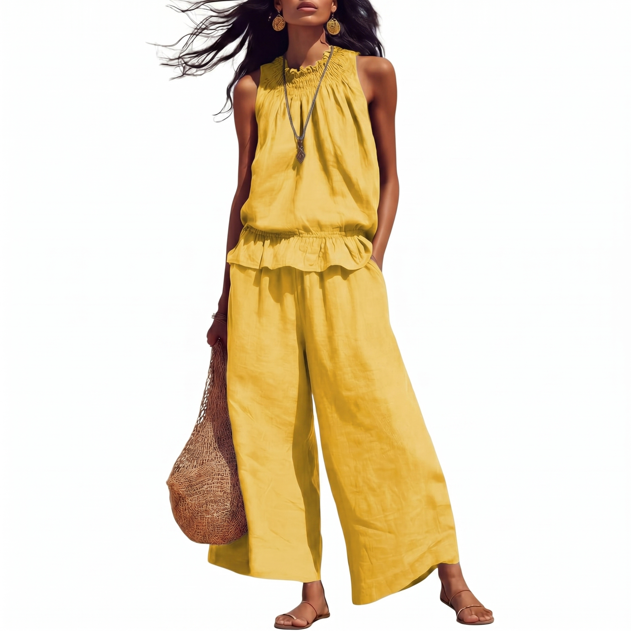 Linen Sleeveless Ruffle Top Pants Set