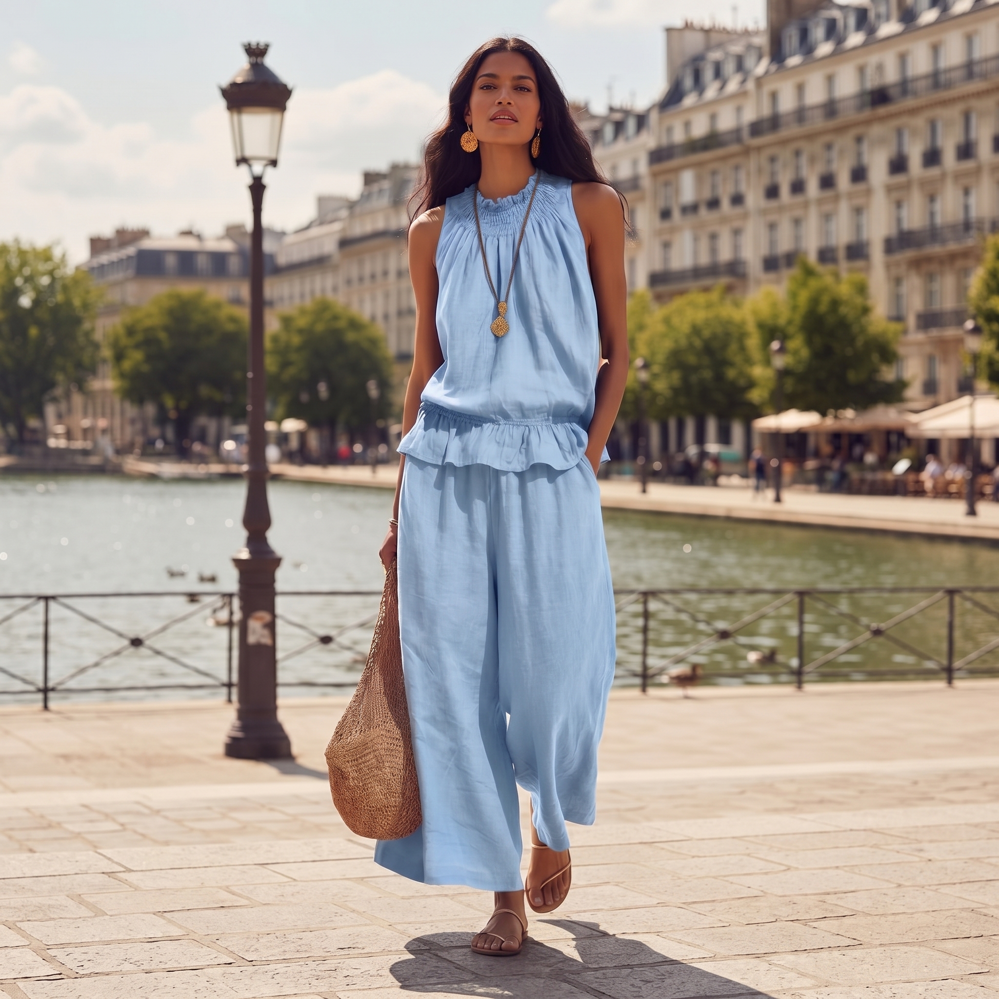Linen Sleeveless Ruffle Top Pants Set