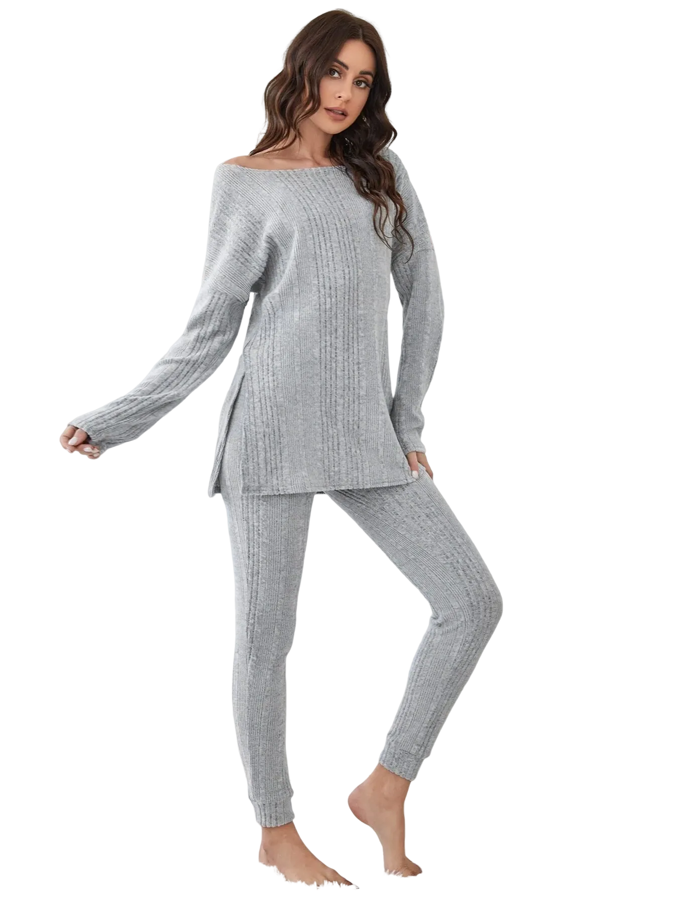 Shoulder Split Hem Tee And Pants Lounge Set-Cozy Knit Sets