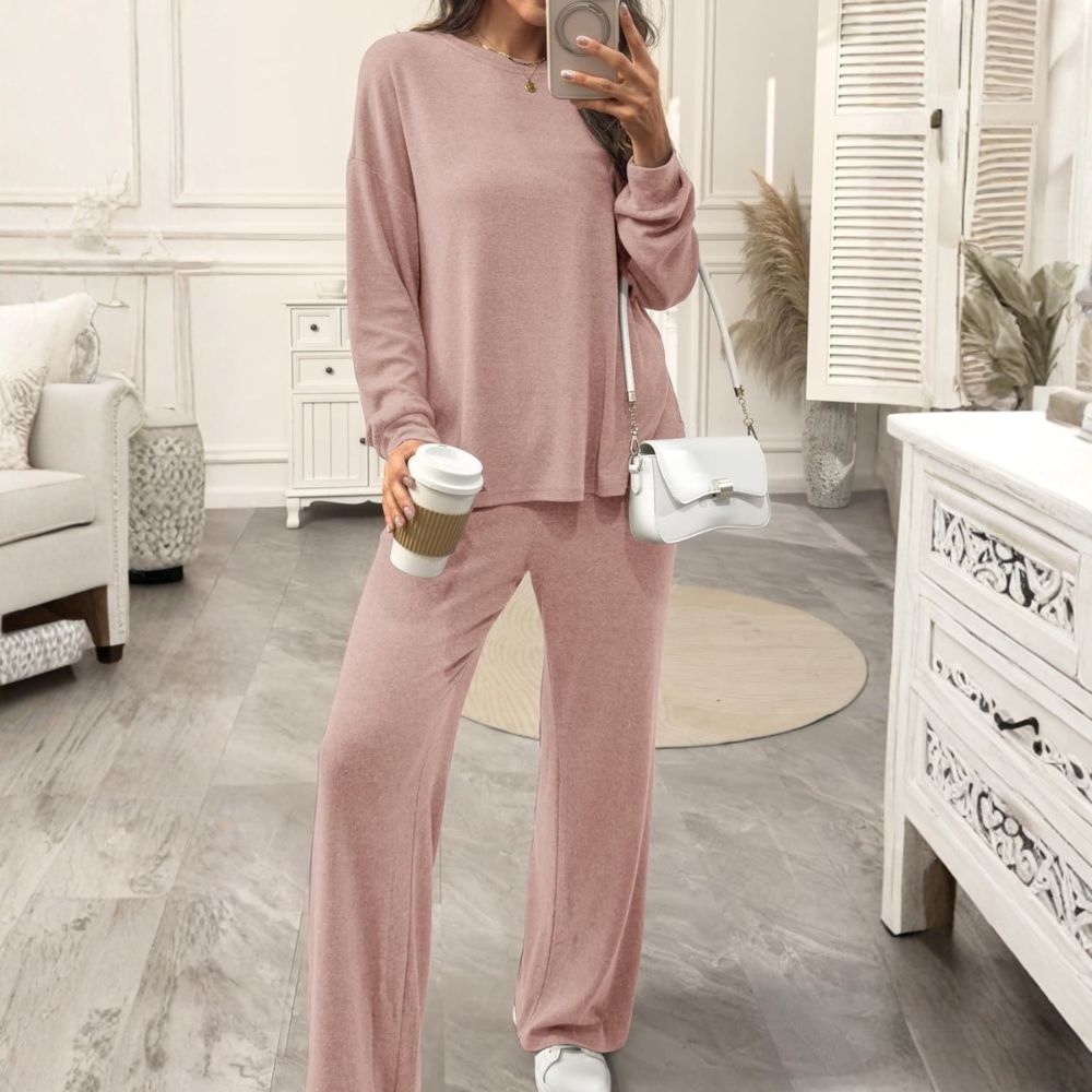 Womens Lounge Set 2025 Fall 2 Piece Outfits Long Sleeve Tops Wide Leg Long Pants