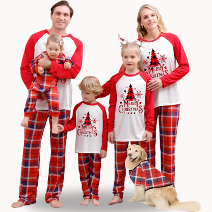 Christmas Tree Merry Christmas Printed Family Matching Plaid Pajama Set