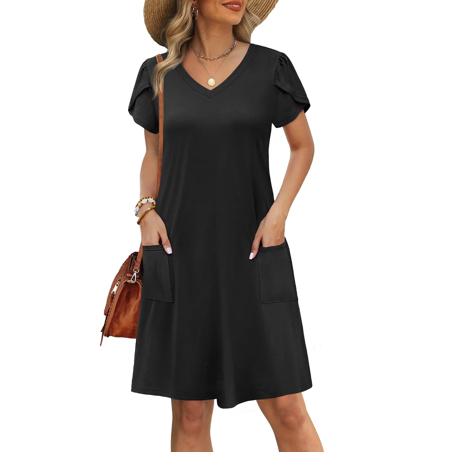 Short Sleeve Summer Loose Swing Sundresses With Pockets