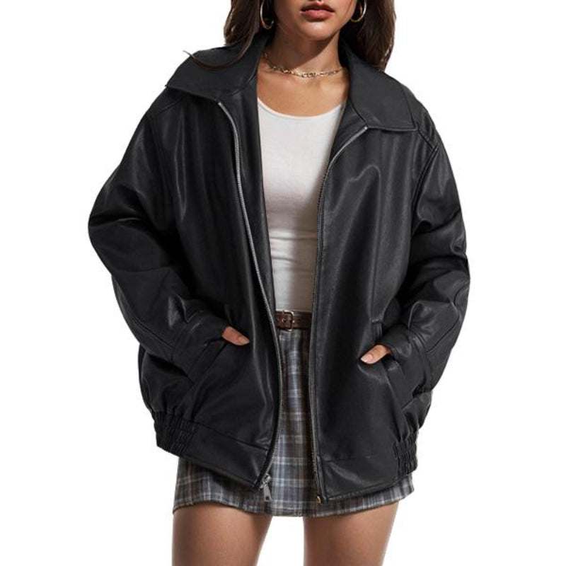 Oversized Faux Leather Zip Up Jacket-Cozy Knit Sets