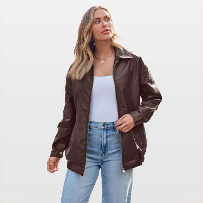 Oversized Faux Leather Zip Up Jacket-Cozy Knit Sets