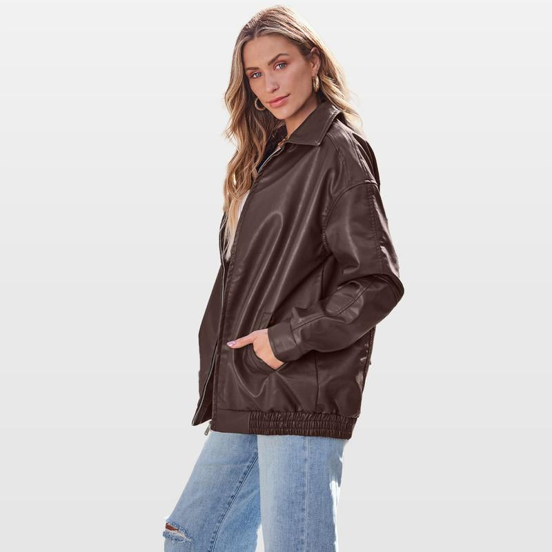 Oversized Faux Leather Zip Up Jacket-Cozy Knit Sets