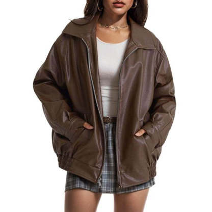 Oversized Faux Leather Zip Up Jacket-Cozy Knit Sets