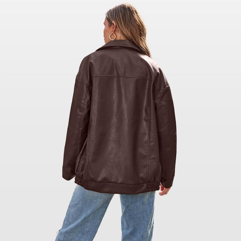 Oversized Faux Leather Zip Up Jacket-Cozy Knit Sets