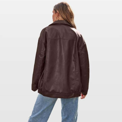 Oversized Faux Leather Zip Up Jacket-Cozy Knit Sets