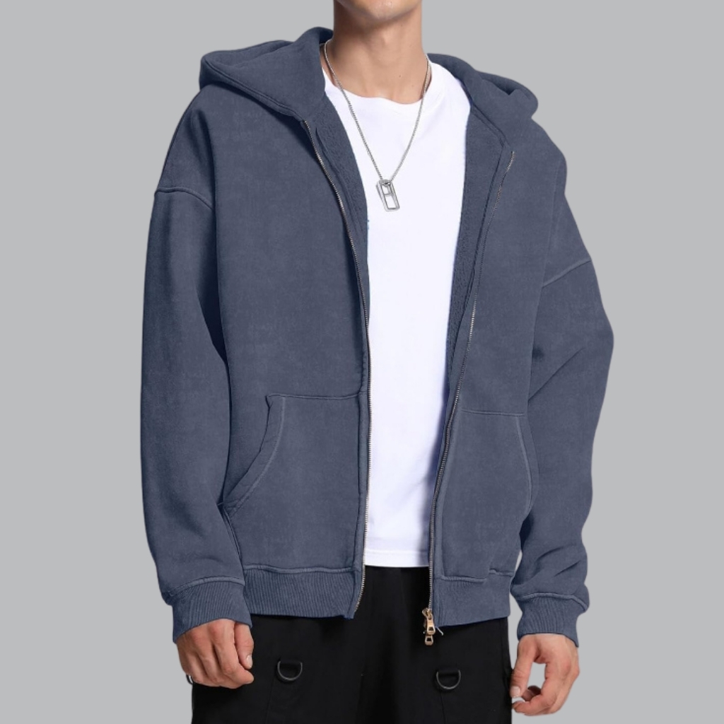 Double Zip Up Hoodie Oversized Acid Wash Heavyweight Fleece Cotton Zipper Hoodie