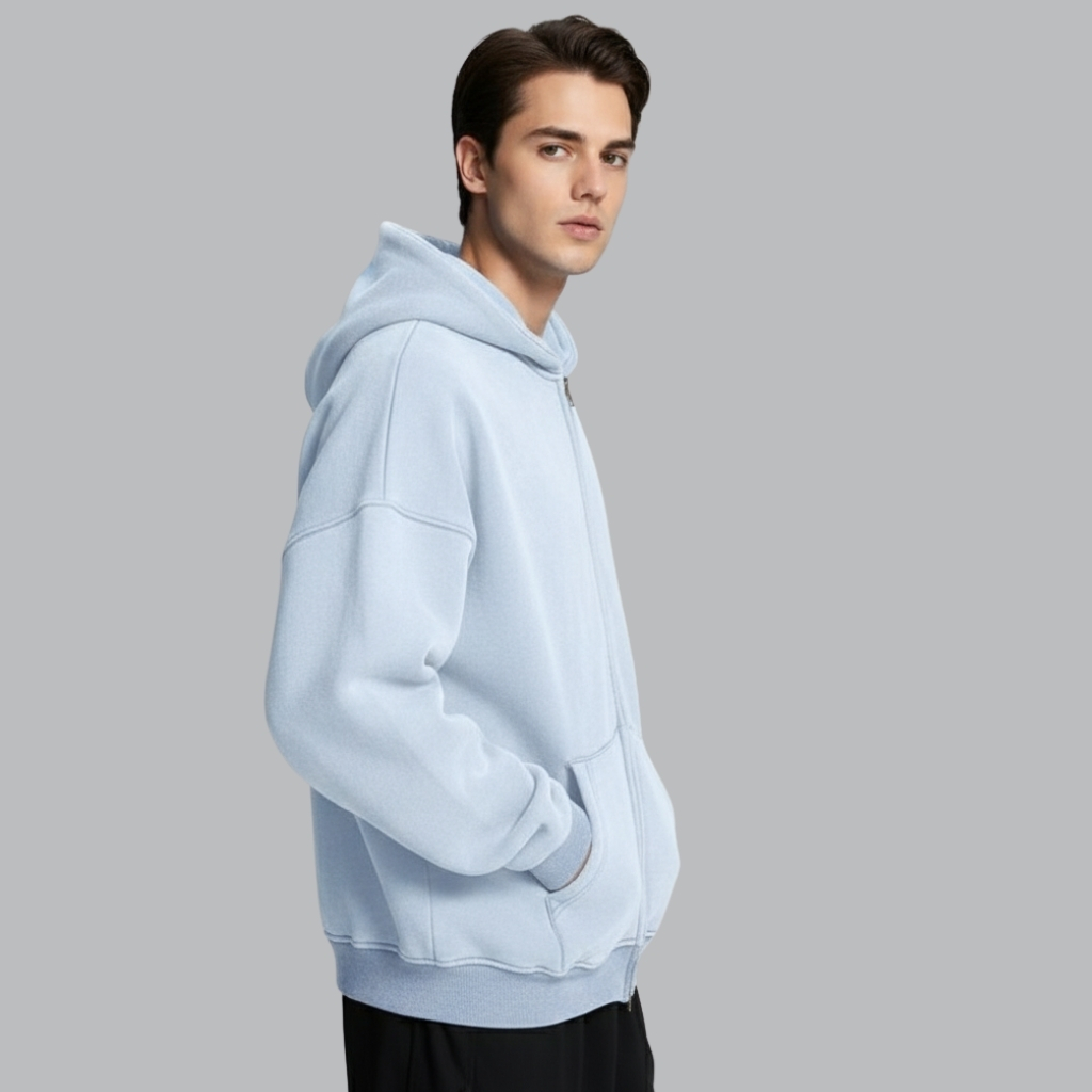Double Zip Up Hoodie Oversized Acid Wash Heavyweight Fleece Cotton Zipper Hoodie