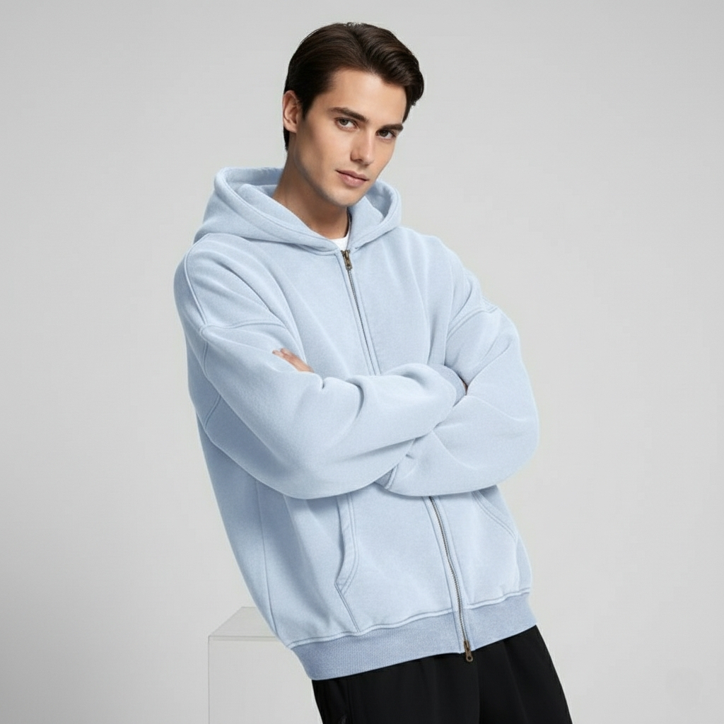 Double Zip Up Hoodie Oversized Acid Wash Heavyweight Fleece Cotton Zipper Hoodie