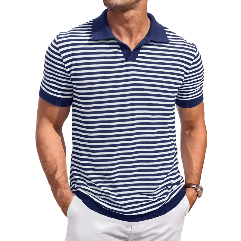 Mens Knit Polo Shirts Short Sleeve Striped V Neck Golf Shirt Classic Casual Summer Tops