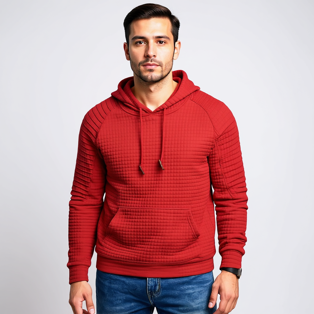 Men Long Sleeve Waffle Knit Pullover Hoodie with Kangaroo Pocket