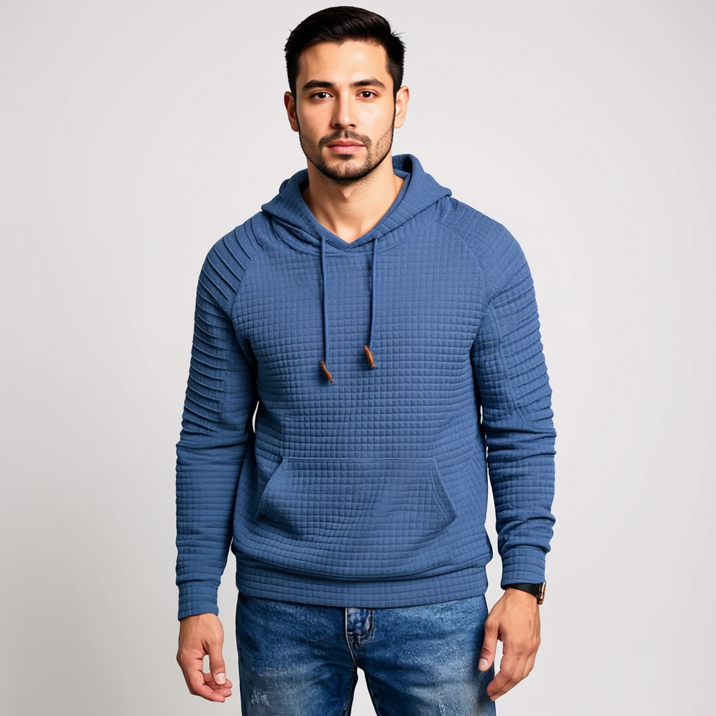 Men Long Sleeve Waffle Knit Pullover Hoodie with Kangaroo Pocket
