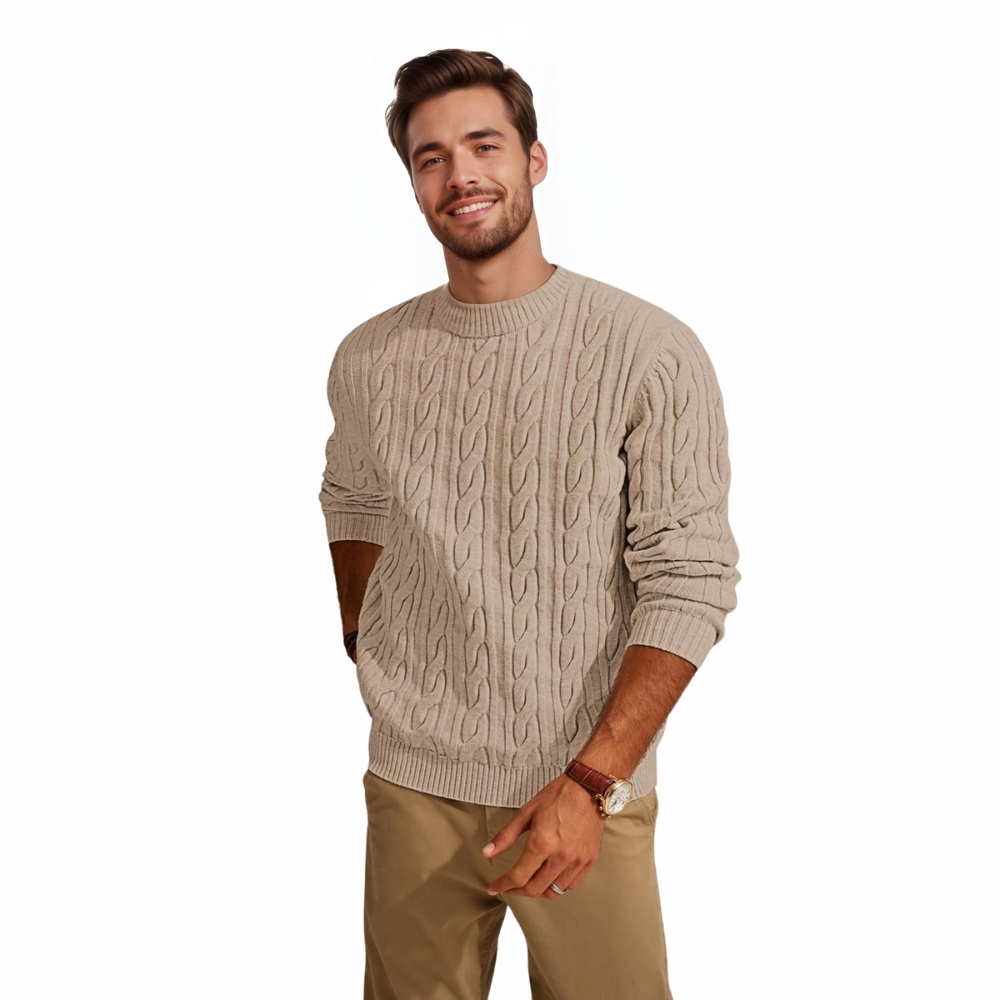 Mens Sweater Crewneck Cable Knit Pullover Sweater Casual Twist Textured Sweaters