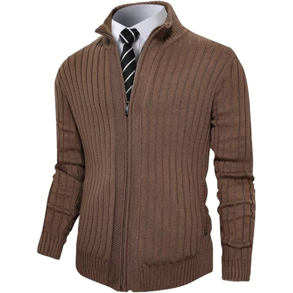 Men's Cardigan Sweaters Full Zip Up Stand Collar Slim Fit Casual Knitted Sweater with 2 Front Pockets