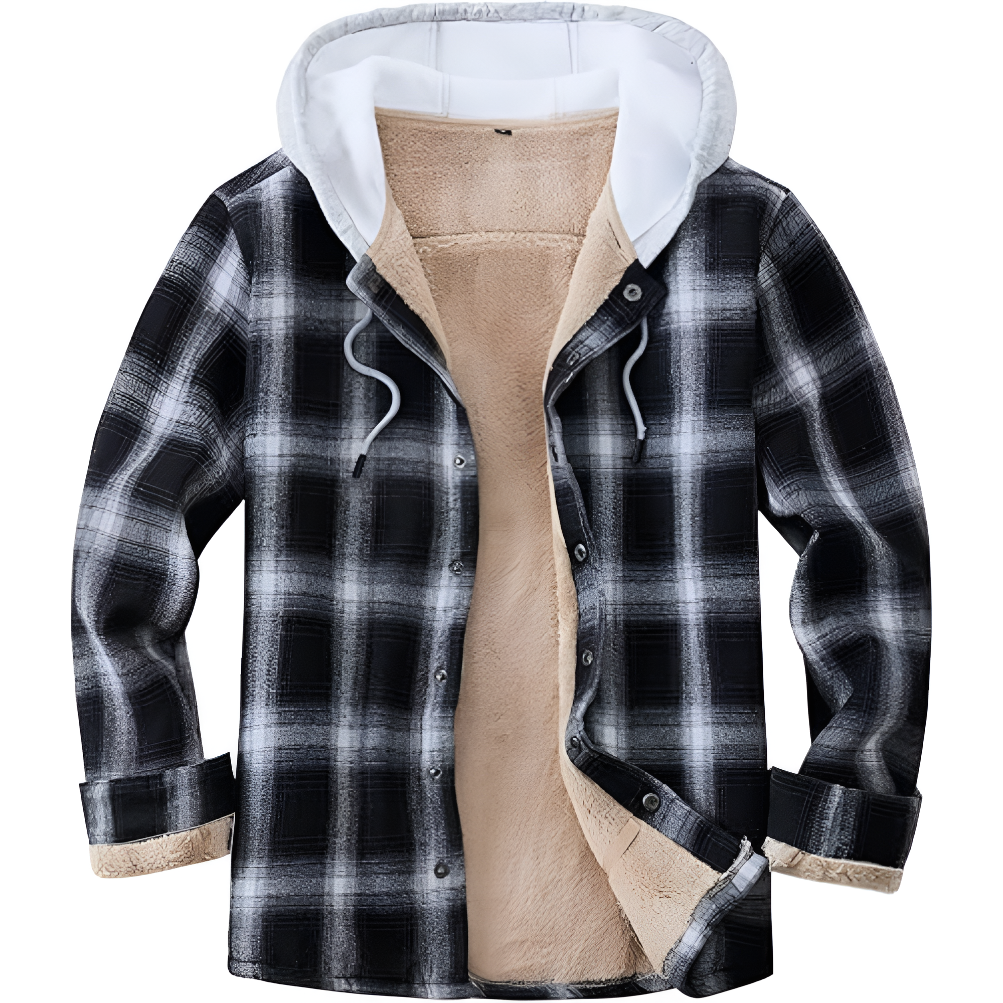 Men's Cotton Plaid Long Sleeve Shirts Jacket Fleece Lined Flannel Shirts Sherpa Button Down Coat with Hood