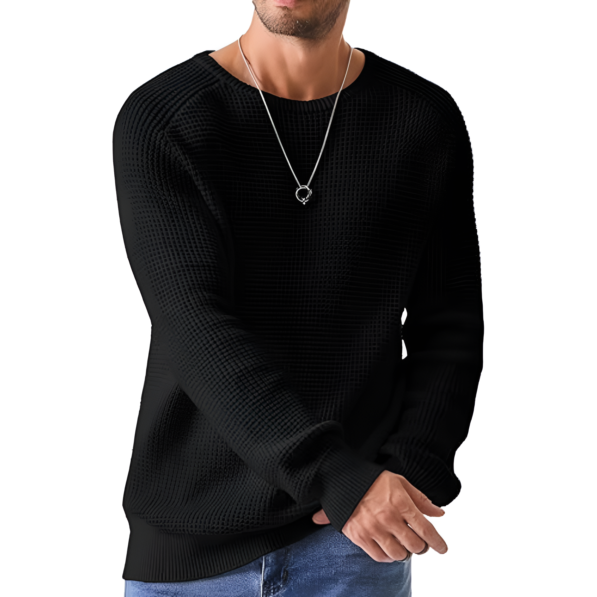 Men's Crewneck Pullover Sweater Waffle Textured Knitted Sweaters Casual Loose Fit Sweaters with Ribbing Edge