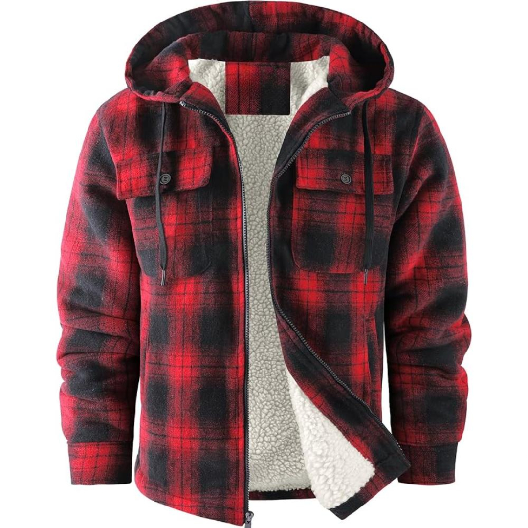 Men Plaid Flannel Jacket With Sherpa Lining And Winter Zip Up Hoodie Coat