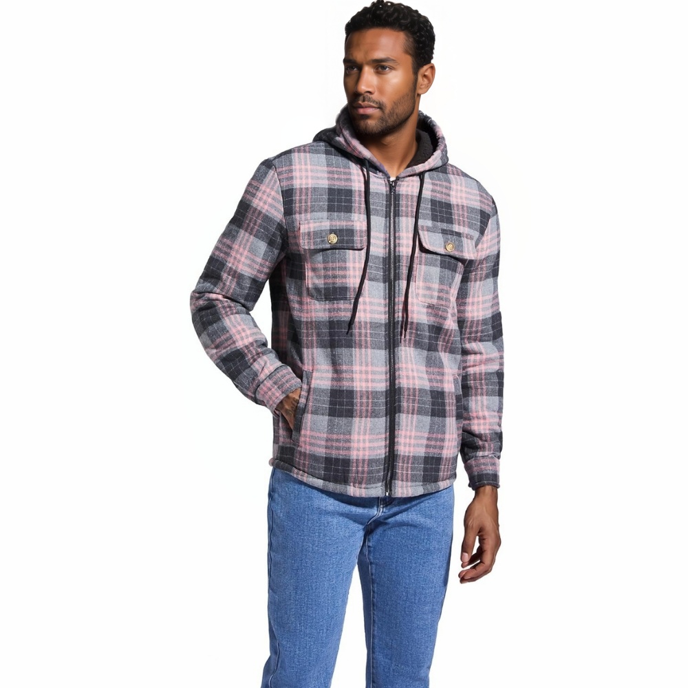 Men's Flannel Plaid Hooded Jackets Sherpa Fleece Lined Hoodies Fashion Warm Coat