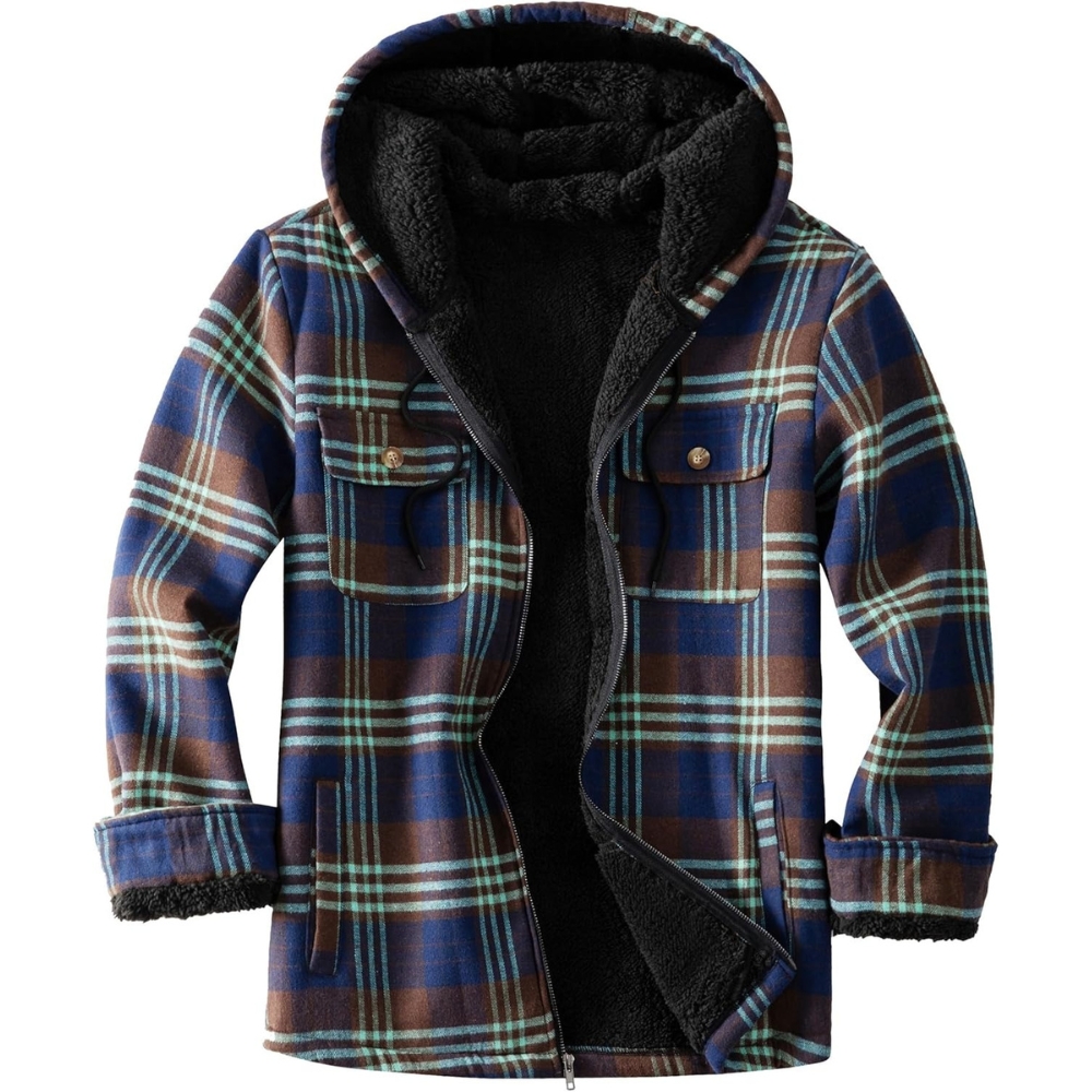 Men's Flannel Plaid Hooded Jackets Sherpa Fleece Lined Hoodies Fashion Warm Coat