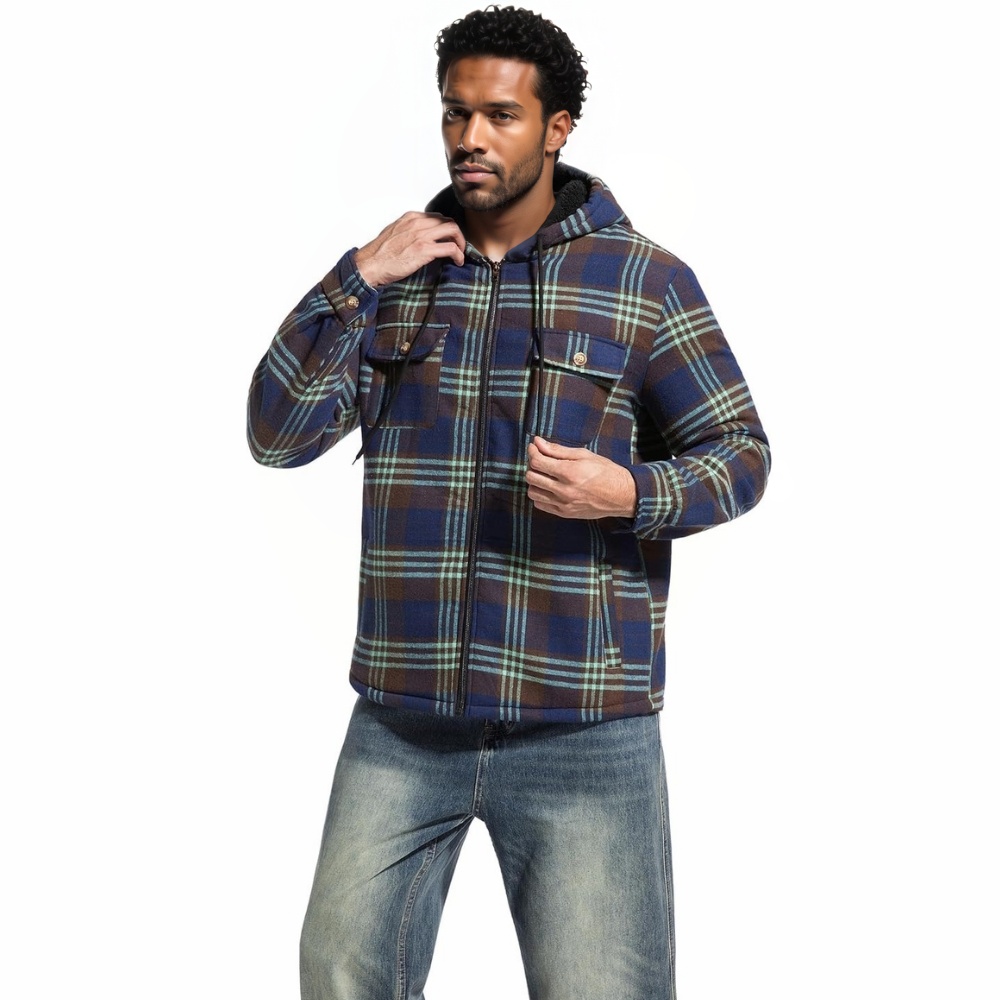 Men's Flannel Plaid Hooded Jackets Sherpa Fleece Lined Hoodies Fashion Warm Coat
