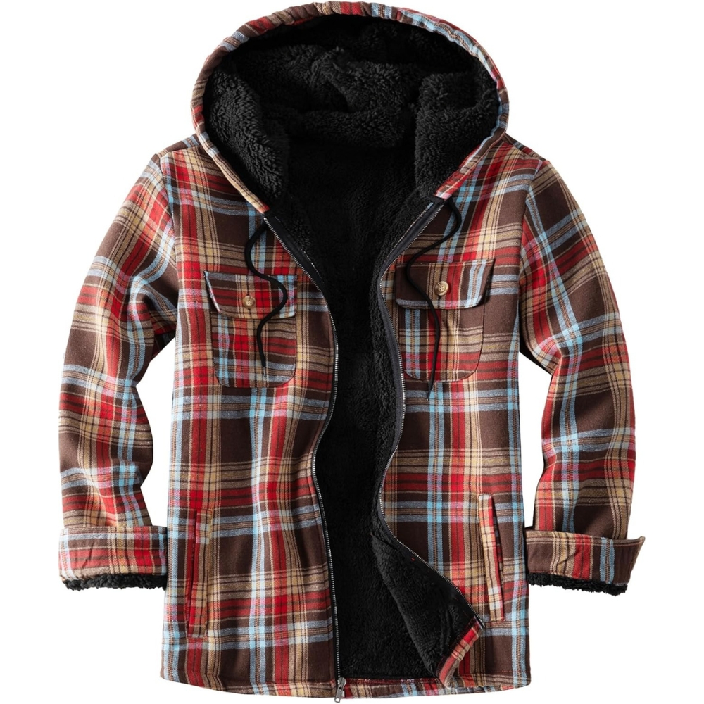 Men's Flannel Plaid Hooded Jackets Sherpa Fleece Lined Hoodies Fashion Warm Coat