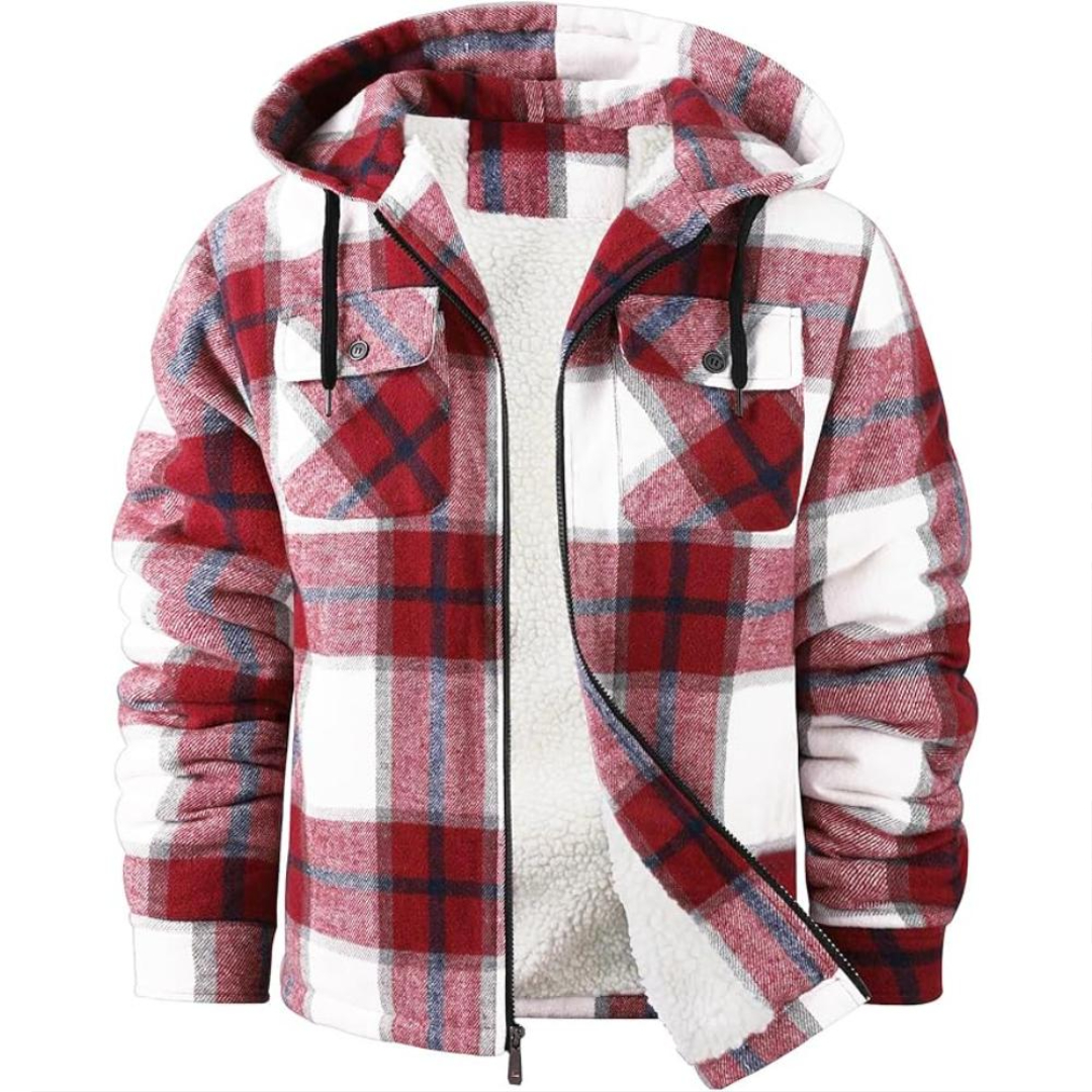Men Plaid Flannel Jacket With Sherpa Lining And Winter Zip Up Hoodie Coat