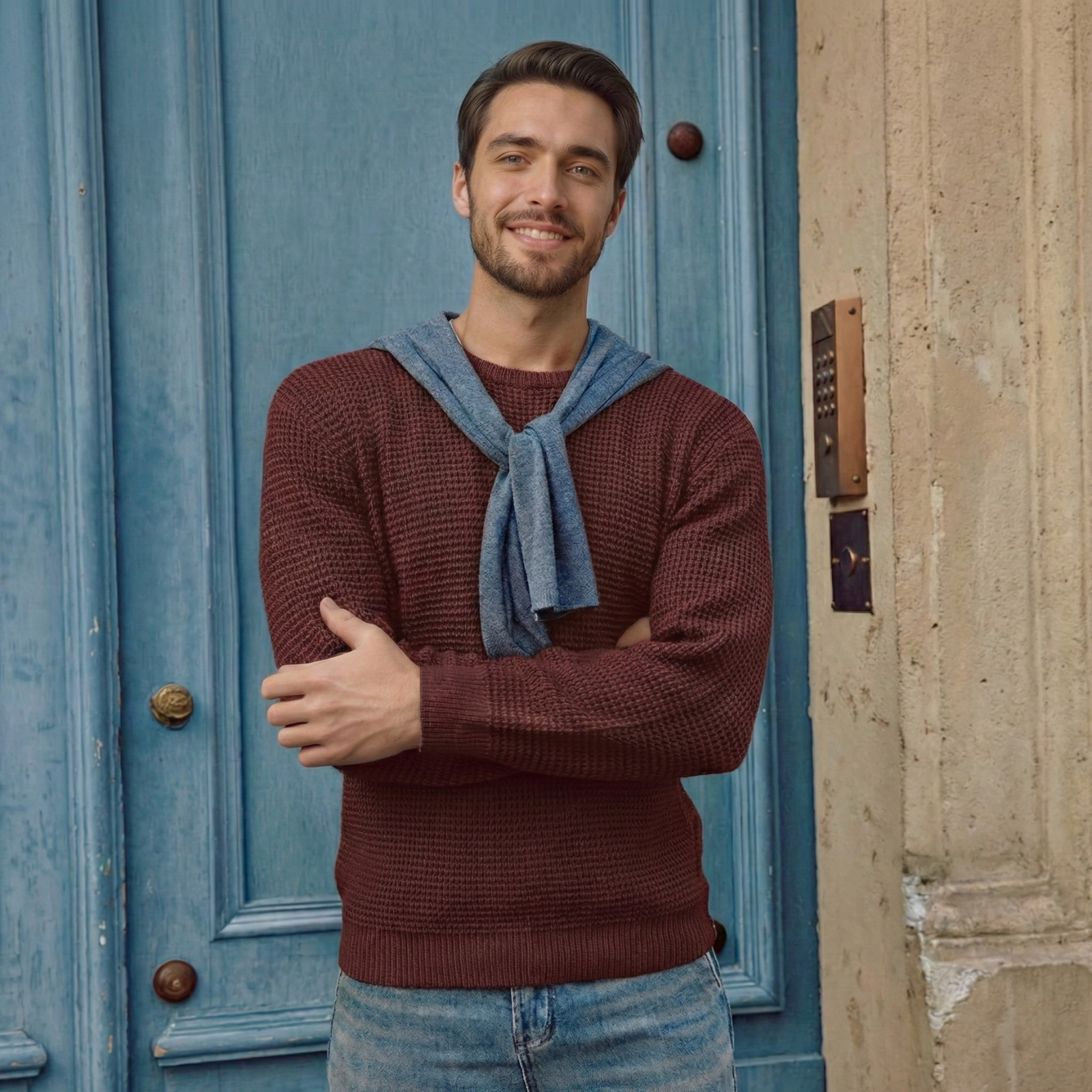 Waffle Textured Long Sleeve Knit Pullover