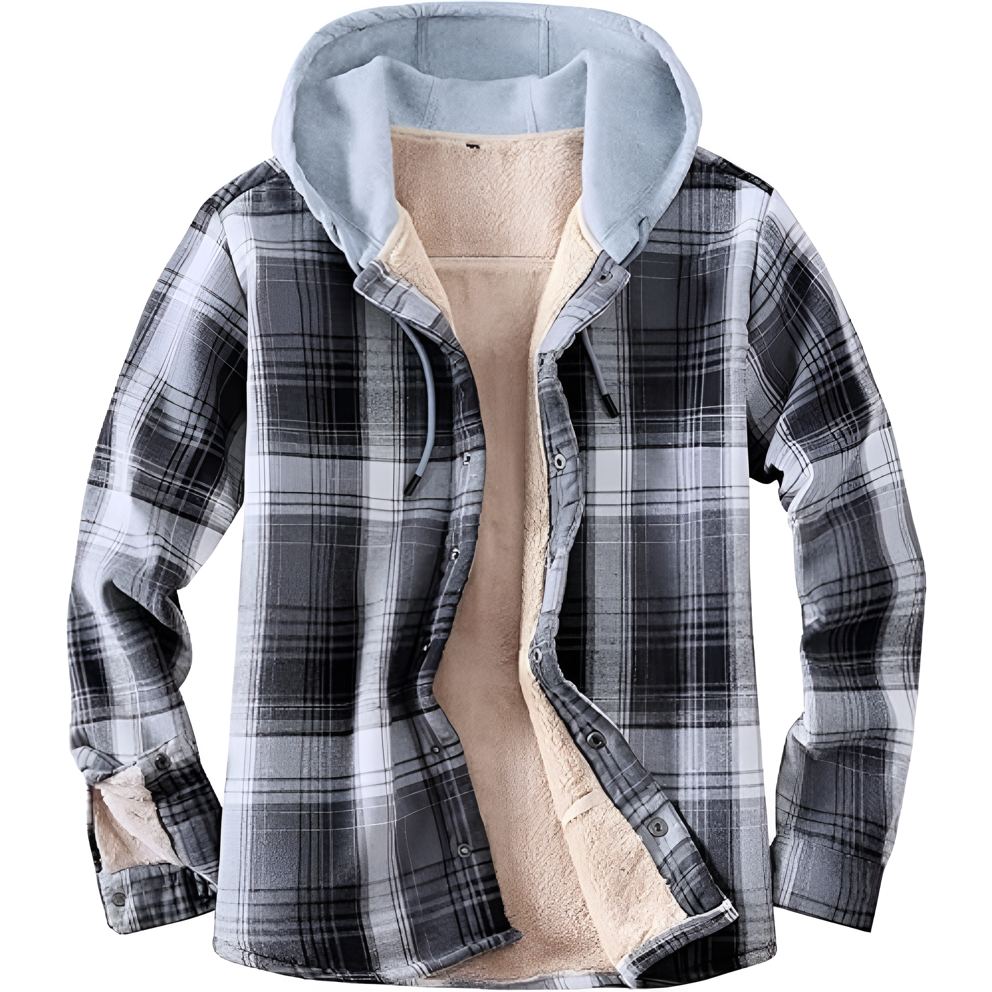 Men's Cotton Plaid Long Sleeve Shirts Jacket Fleece Lined Flannel Shirts Sherpa Button Down Coat with Hood