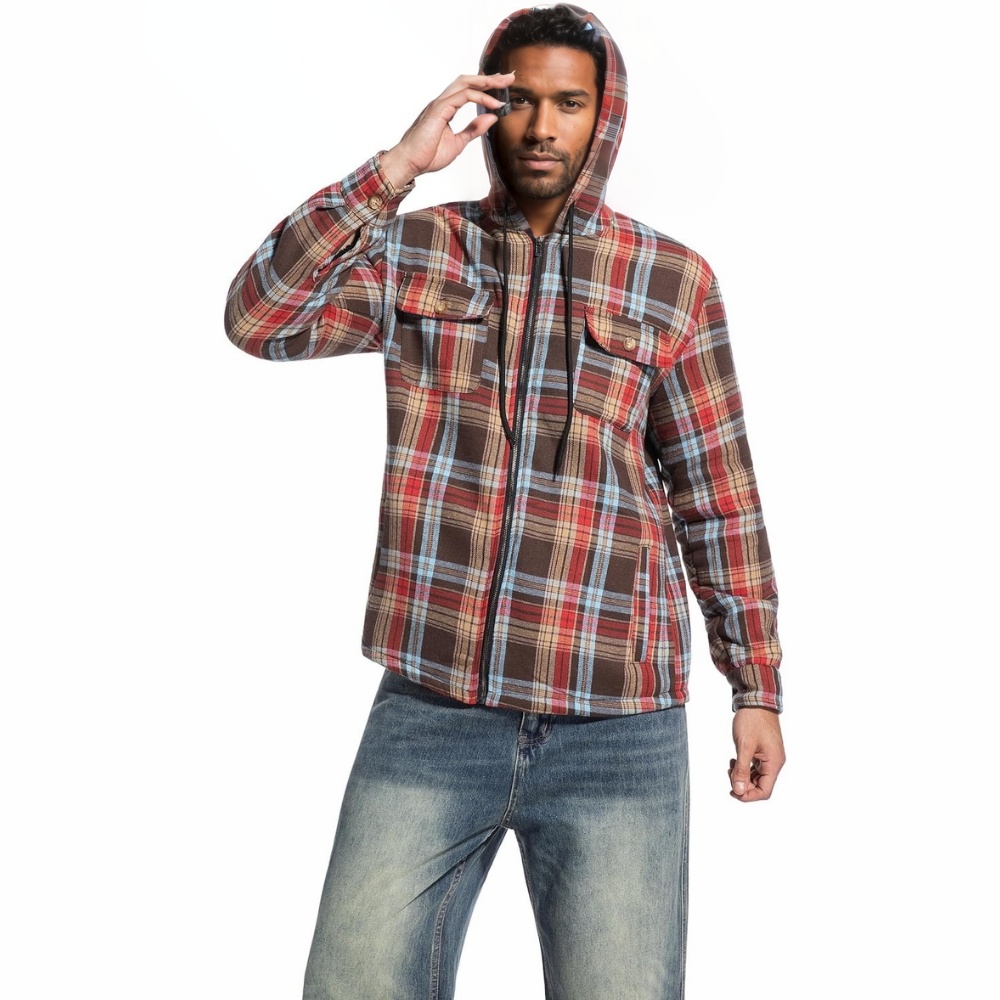 Men's Flannel Plaid Hooded Jackets Sherpa Fleece Lined Hoodies Fashion Warm Coat