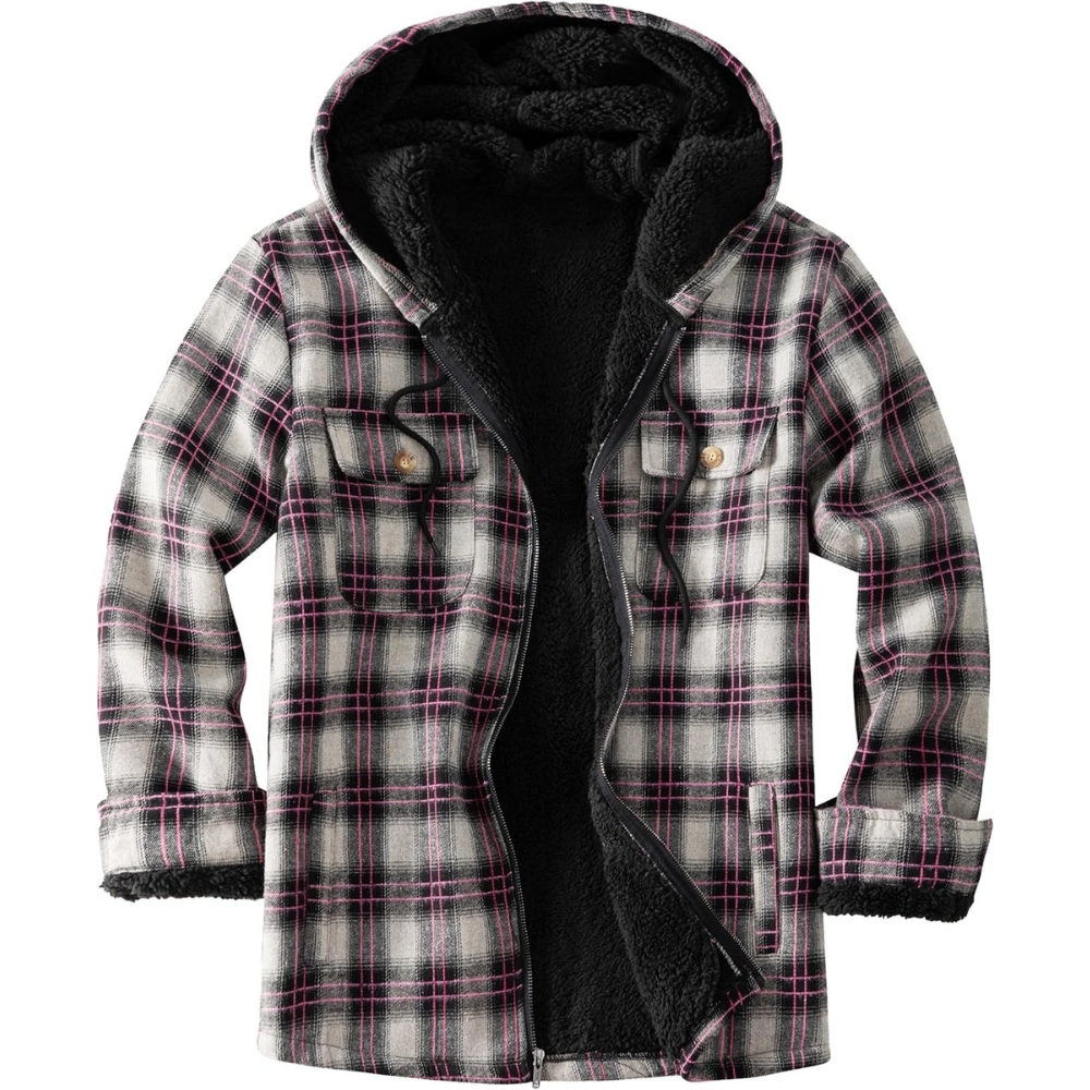Men's Flannel Plaid Hooded Jackets Sherpa Fleece Lined Hoodies Fashion Warm Coat