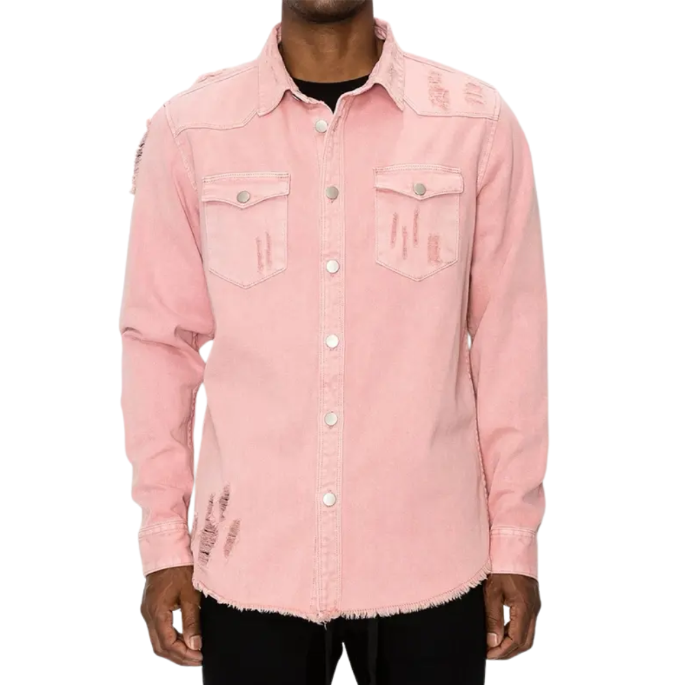 Distressed Denim Shirt – Heavyweight Button-Up with Pockets