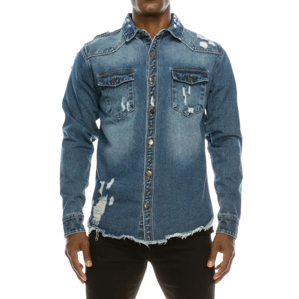 Distressed Denim Shirt – Heavyweight Button-Up with Pockets