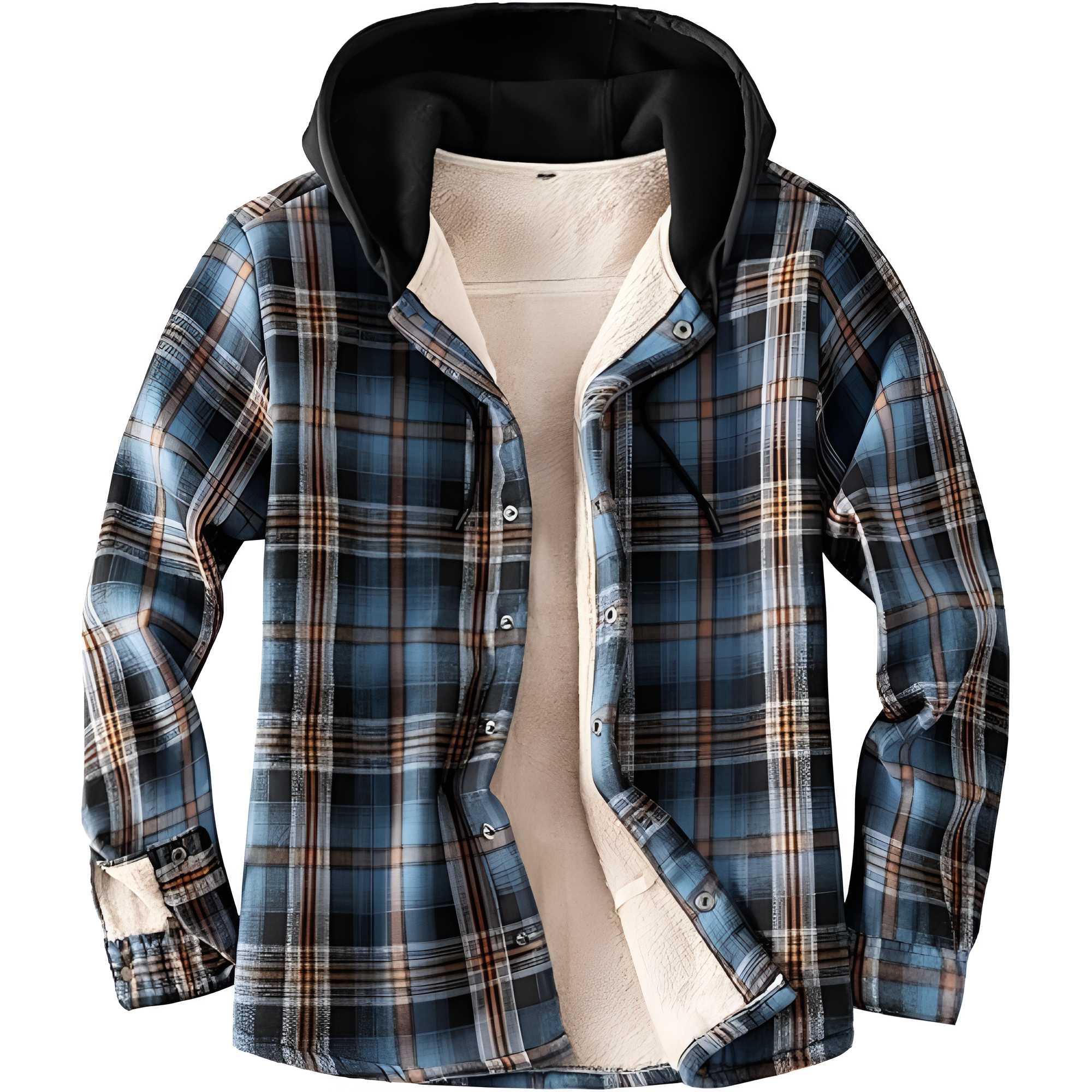 Men's Cotton Plaid Long Sleeve Shirts Jacket Fleece Lined Flannel Shirts Sherpa Button Down Coat with Hood