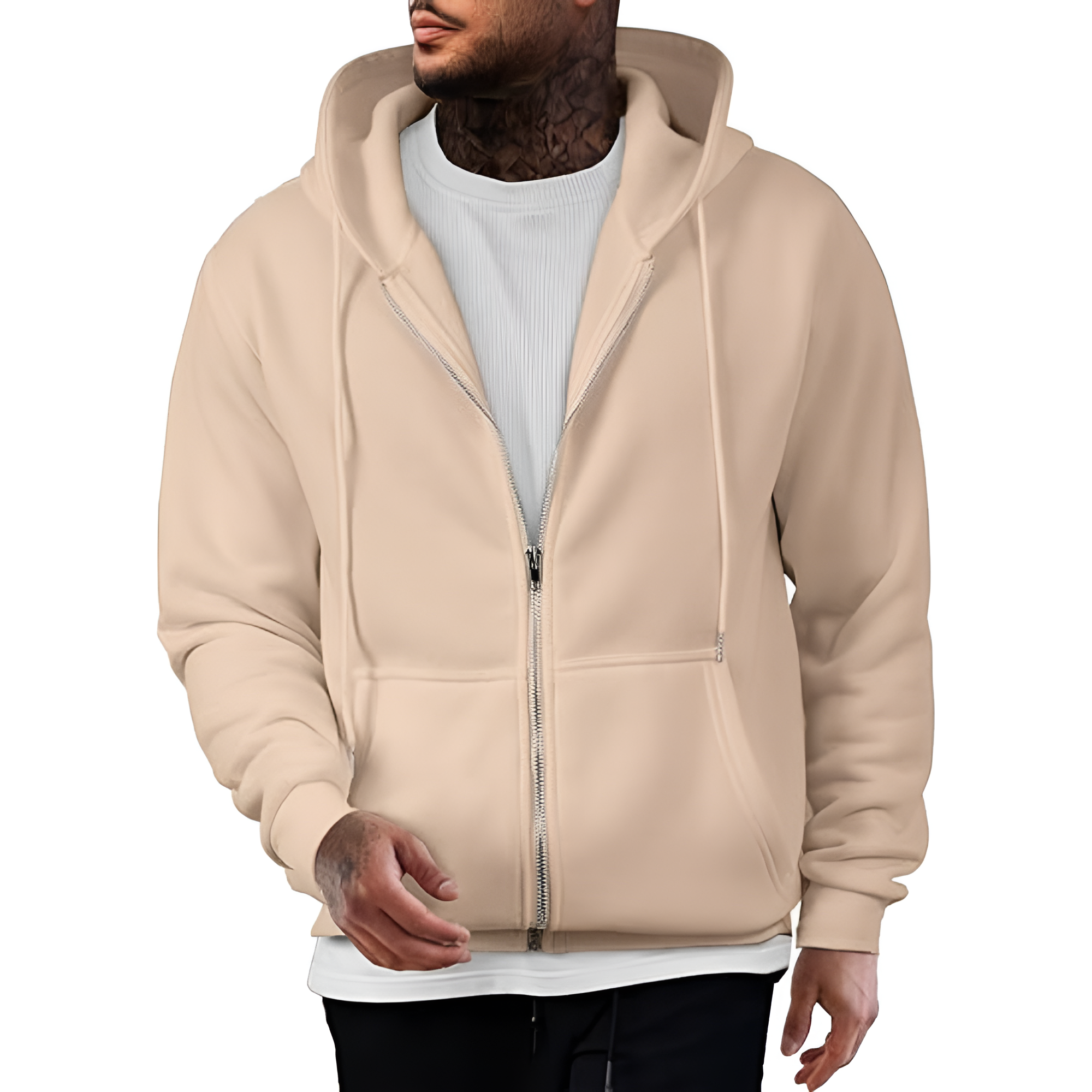 Full Zip Casual Cotton Hooded Fleece Sweatshirt For Men