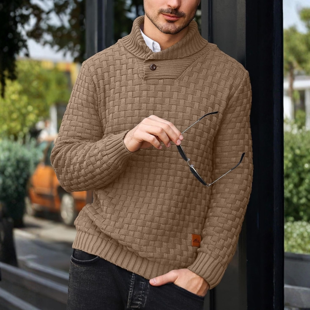 Mens Casual Pullover Fall Winter Turtleneck Cable Knit v Neck Fisherman Waffle Sweater