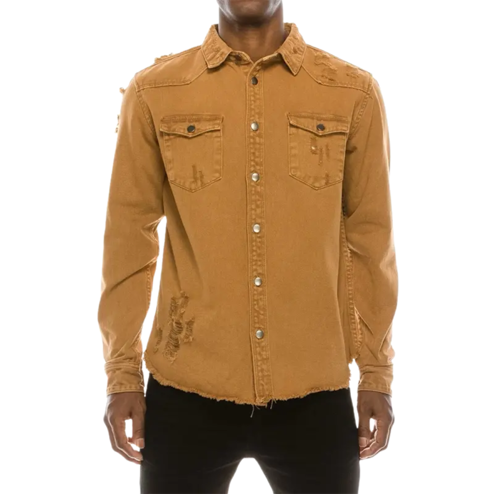 Distressed Denim Shirt – Heavyweight Button-Up with Pockets