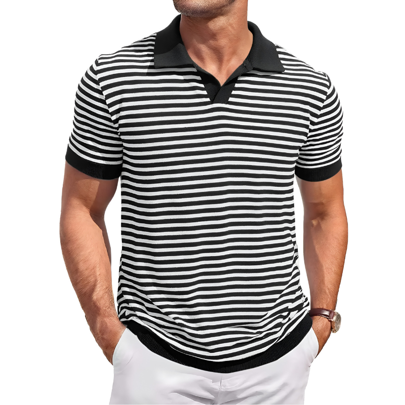 Mens Knit Polo Shirts Short Sleeve Striped V Neck Golf Shirt Classic Casual Summer Tops