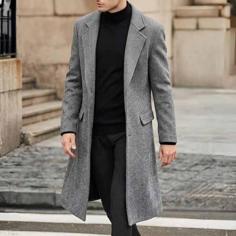 Classic Long Business Trench Coat With Pockets For Men