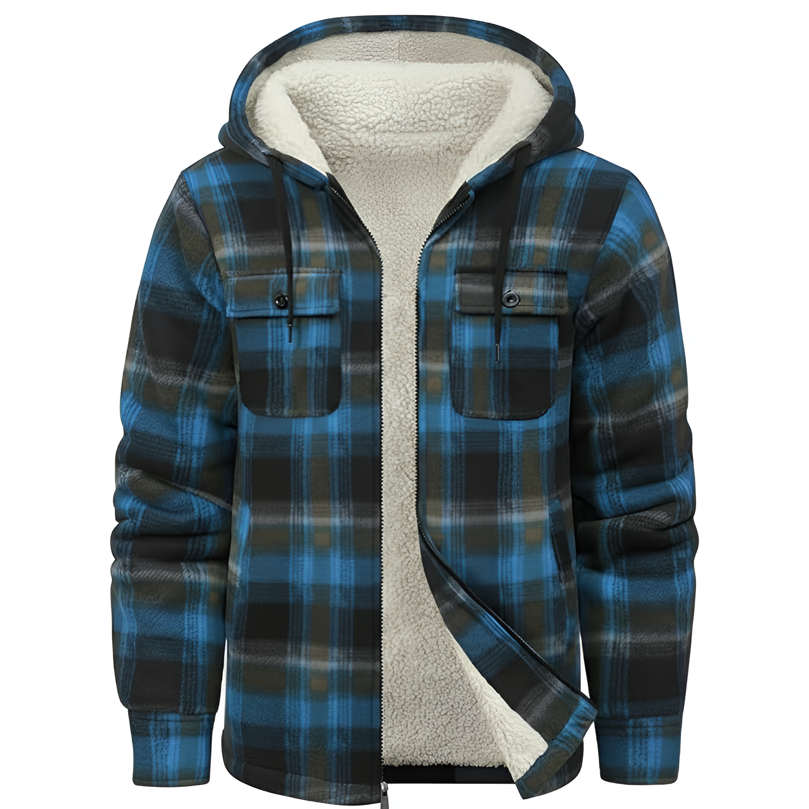 Plaid Sherpa Lined Hooded Flannel Jacket for Men