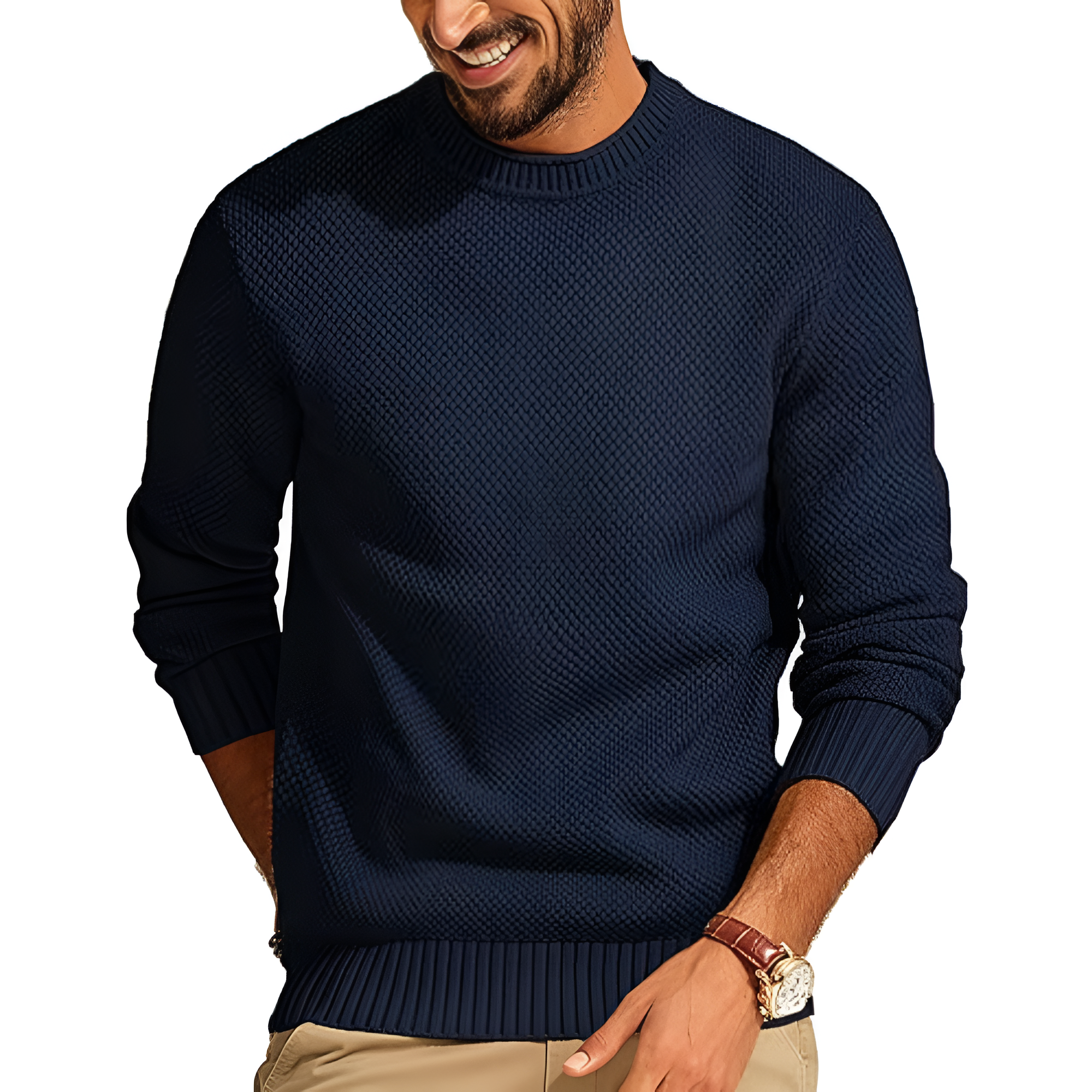 Mens Sweater Waffle Knit Crewneck Sweater Textured Long Sleeve Pullover
